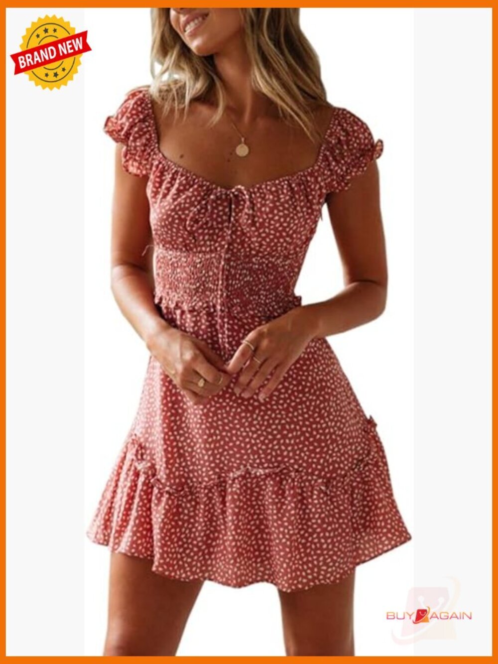 Smocked Ruffle Tie Front Boho Short Dress Floral A-Line Mini